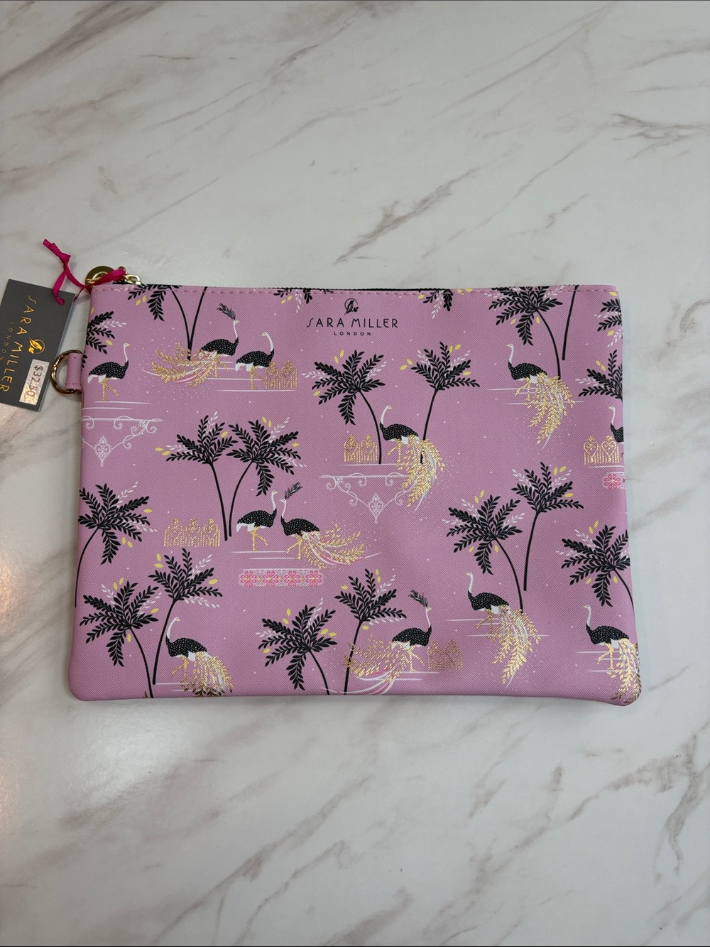 NWT Sara Miller Ostrich & Palms pink & gold large zipper pouch- preppy beach